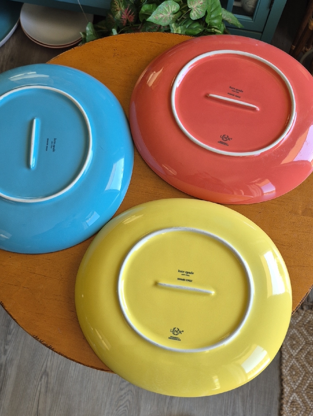 3 kate spade x Lenox Summer Circle Bright Yellow, Blue & Coral Dinner Plates.